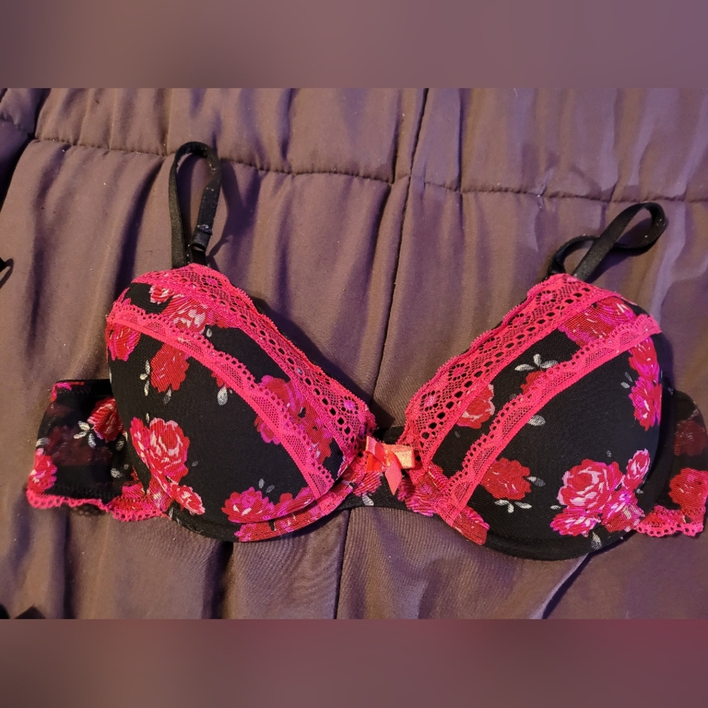 Candies lacey pink and black floral push up bra
